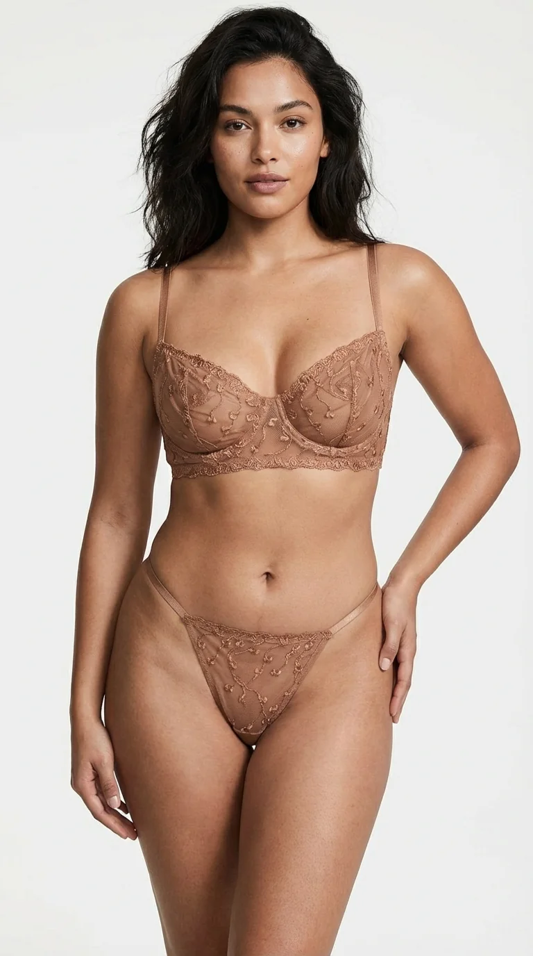 LunaIntim Nude Transparan Tül Sütyen Takımı Çiçek İşlemeli ve Balenli Modern Set - Genel Görünüm